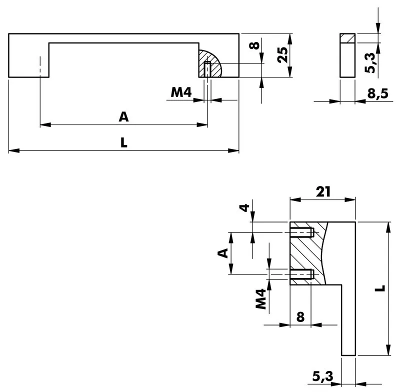Greep vierkant aluminium 160 mm