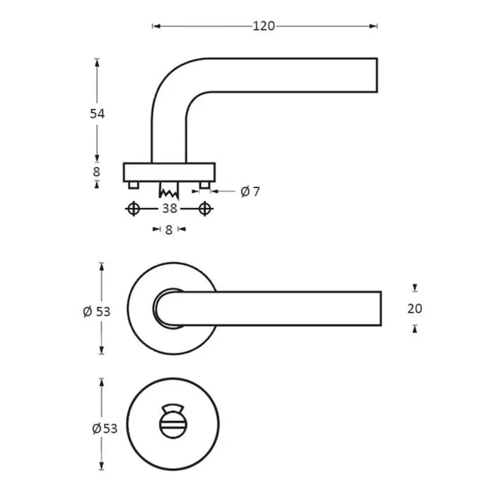 INTERSTEEL Deurkruk 1281 Jupiter op rond rozet staal met 7mm nok met WC 8mm RVS