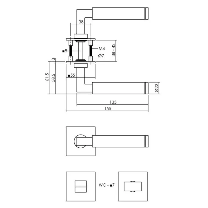 INTERSTEEL Deurkruk Hoek 90° vastdraaibaar geveerd op vierkante magneet rozet met WC7mm RVS