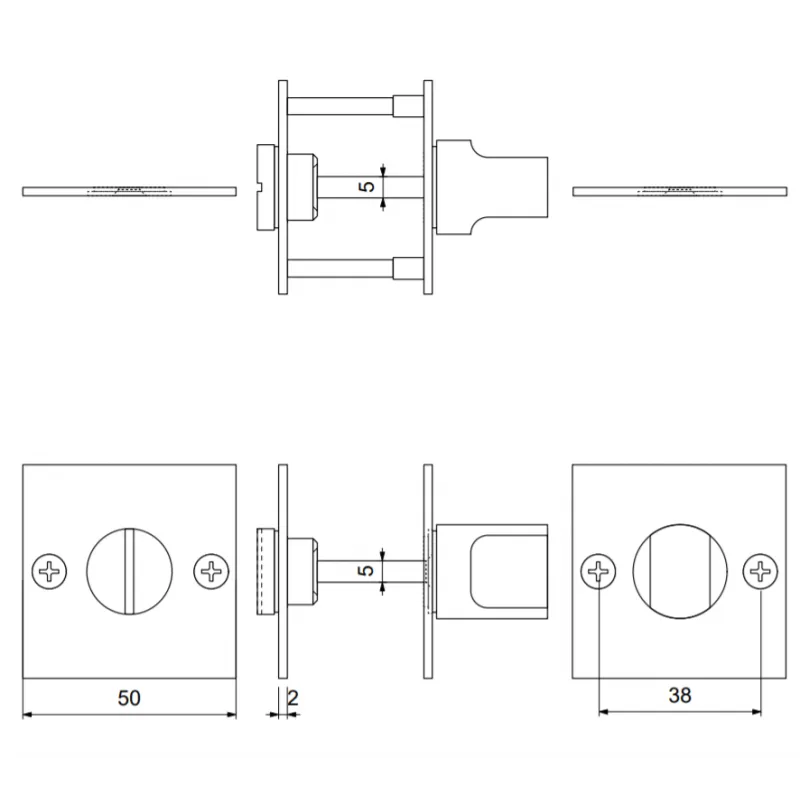 RVS geborsteld Vierkante toiletgarnituur 50x50x2mm stift 5mm