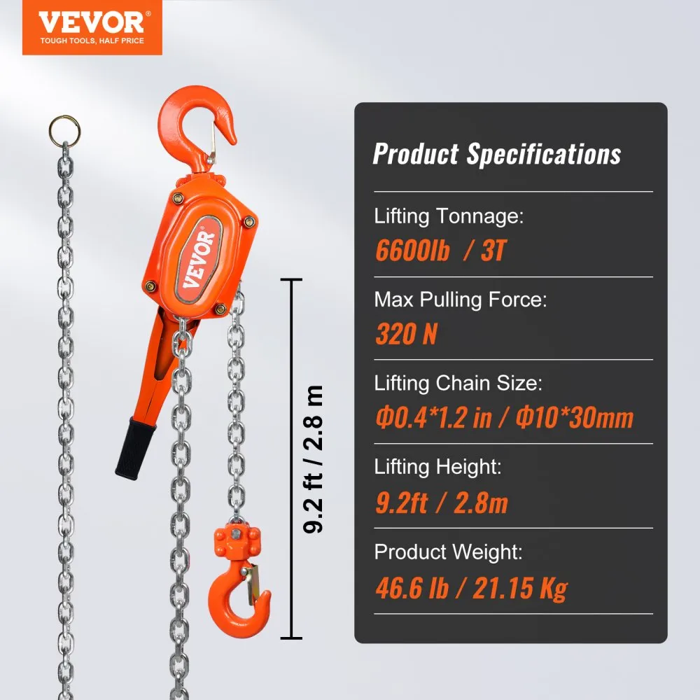 VEVOR rateltakel staal 3T laadvermogen katroltakel 2,8 m hefhoogte hefboomtakel Ф10x30 mm kettingtakel kettingtakel 320N trekkra